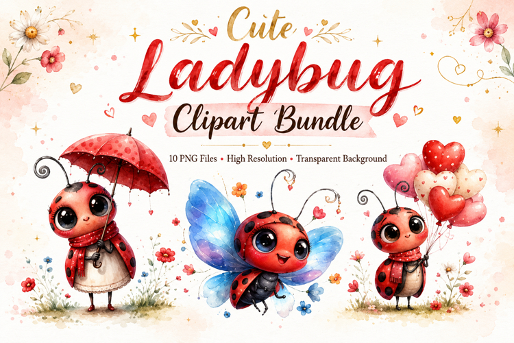 Cute Ladybug Clipart Bundle, Watercolor Ladybug PNG
