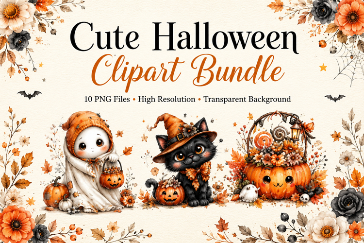 Cute Halloween Clipart Bundle, Watercolor Halloween PNG