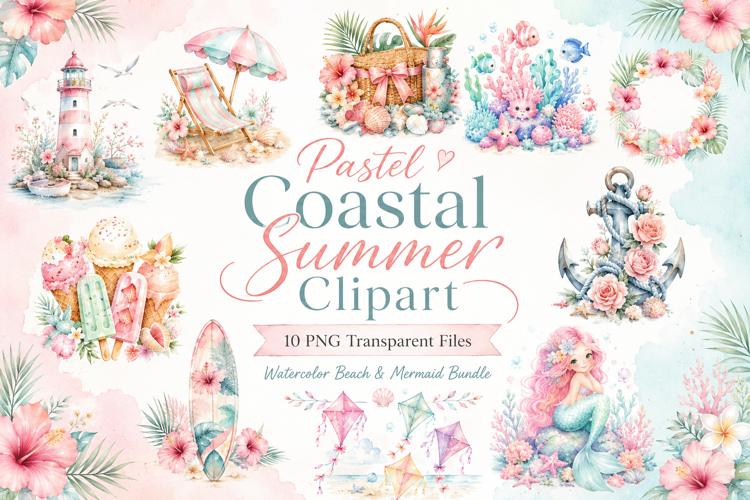 Pastel Coastal Summer Watercolor Clipart Bundle