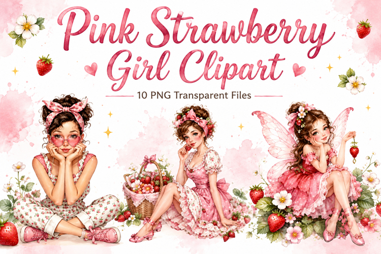 Pink Strawberry Girl Clipart, Cute Watercolor Gir