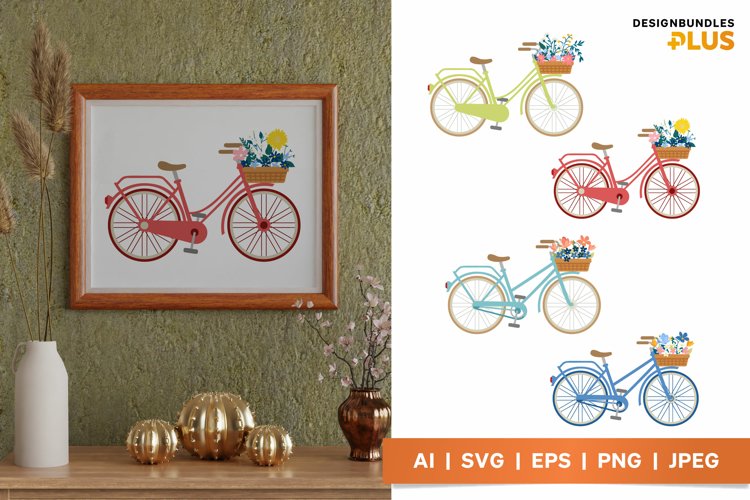 Bicycle with Flowers Inside the Basket Illustration Set
