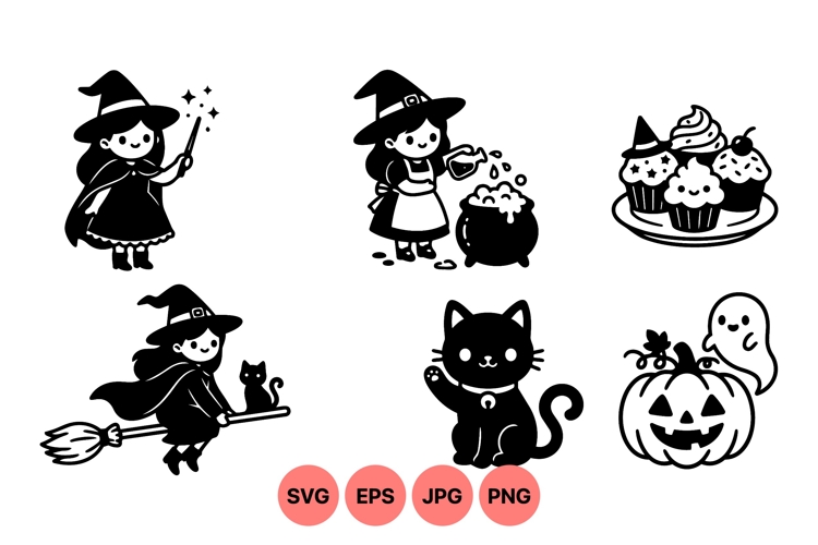Hand Drawn Halloween Witch And Cat Clipart