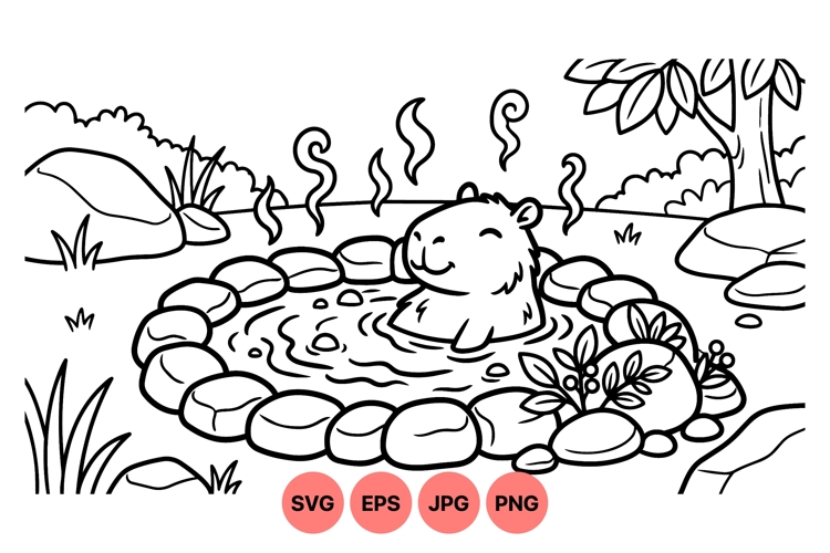 Cute Capybara Relaxing In Hot Spring Vector Illustration