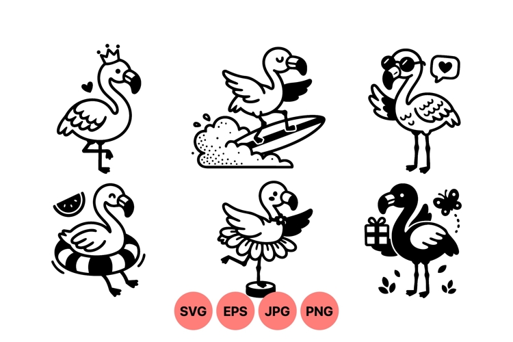 Black White Cute Flamingo Cartoon Clipart