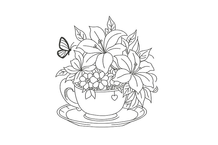 Floral Teacup Embroidery Designs for Embroidery Machine