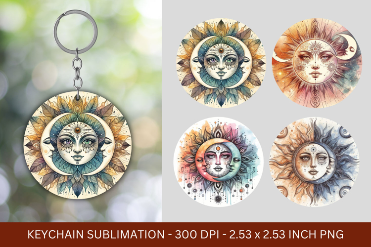 keychain sublimation - boho moon and sun