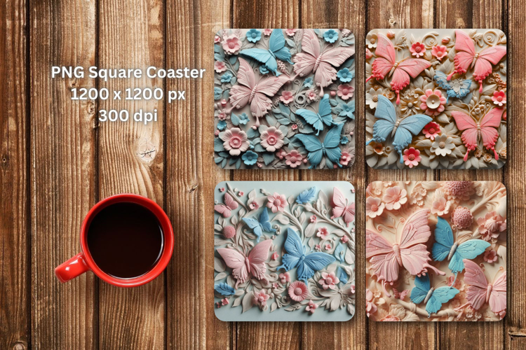 square coaster - 3d floral butterfly