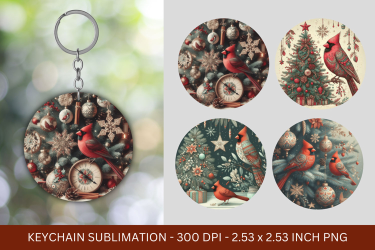 keychain sublimation - vintage christmas cardinal bird