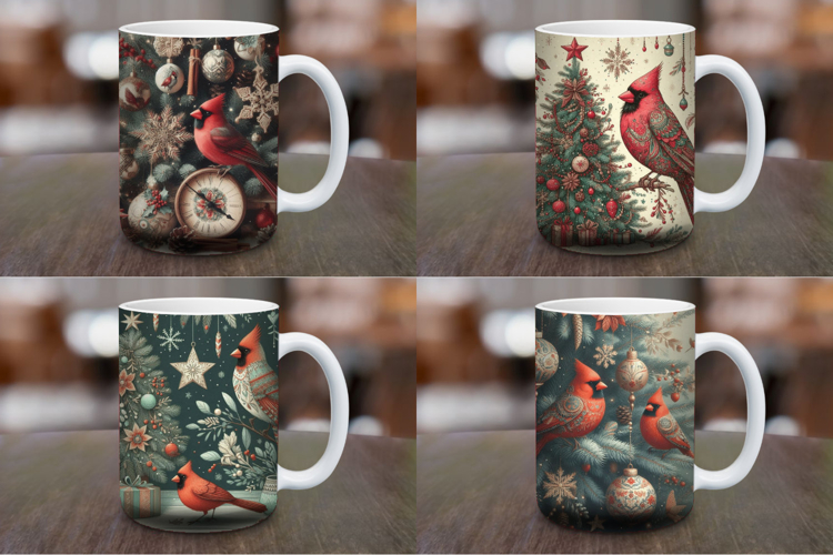 Mug Wrap Sublimation - vintage christmas tree cardinal
