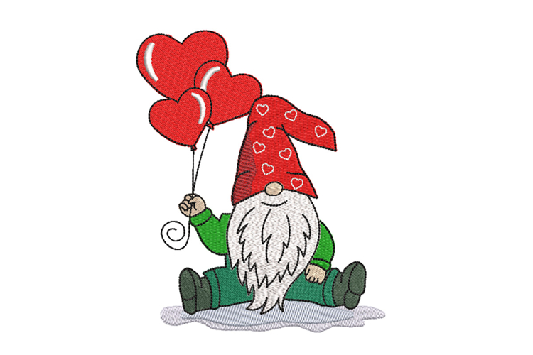 Valentine Gnome with heart balloons embroidery design