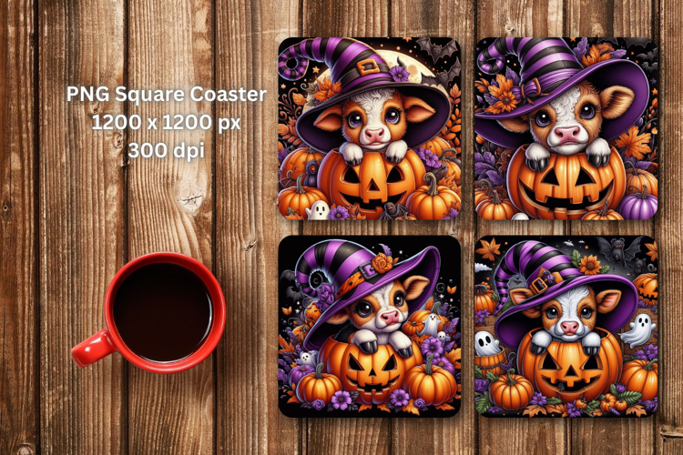 square coaster sublimation - pumpkin highland cow halloween