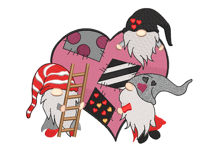 Three Valentine Gnomes, Machine embroidery design