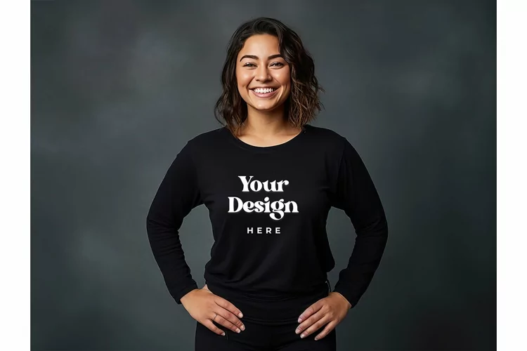 Plus Size Woman Long-Sleeve Tee Mockup Model Blank Mockups