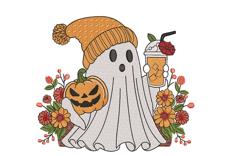 Halloween Ghost with Ice Coffee and Pumpkin
