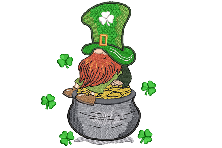 Irish Gnome on pot of gold Machine embroidery file.