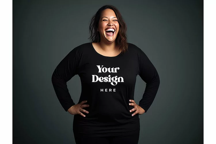 Plus Size Woman Long-Sleeve Tee Mockup Model Blank Mockups