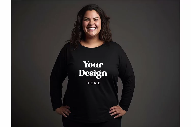 Plus Size Woman Long-Sleeve Tee Mockup Model Blank Mockups