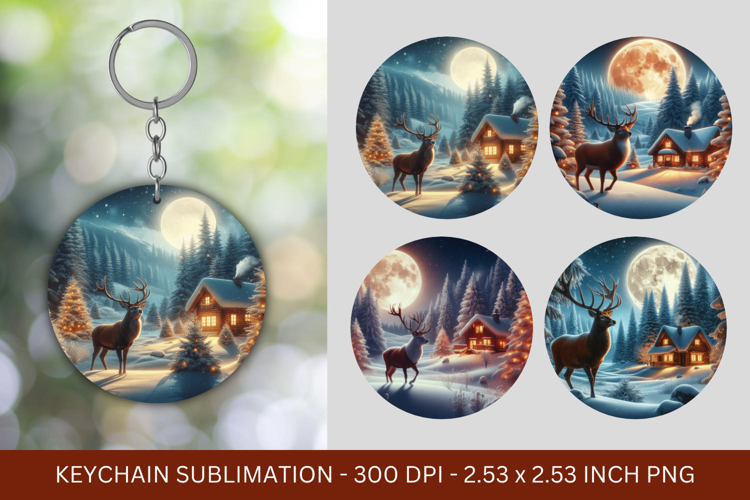 keychain sublimation - christmas deer snow village