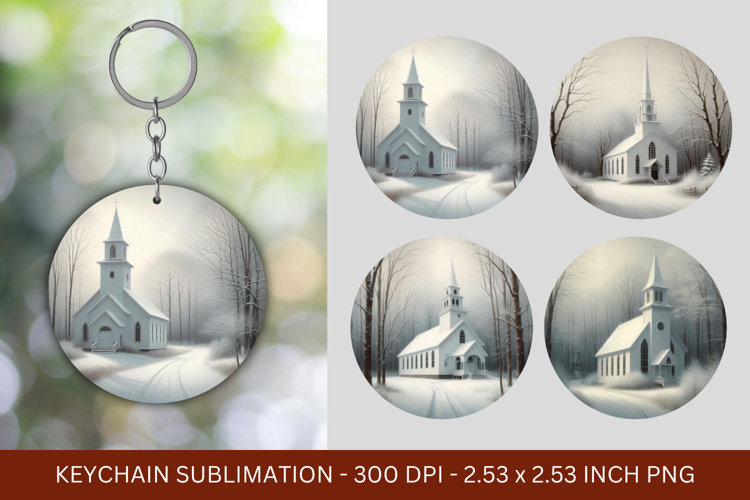 keychain sublimation - white christmas church