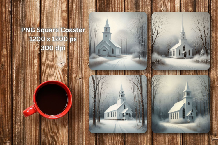 square coaster - white christmas church