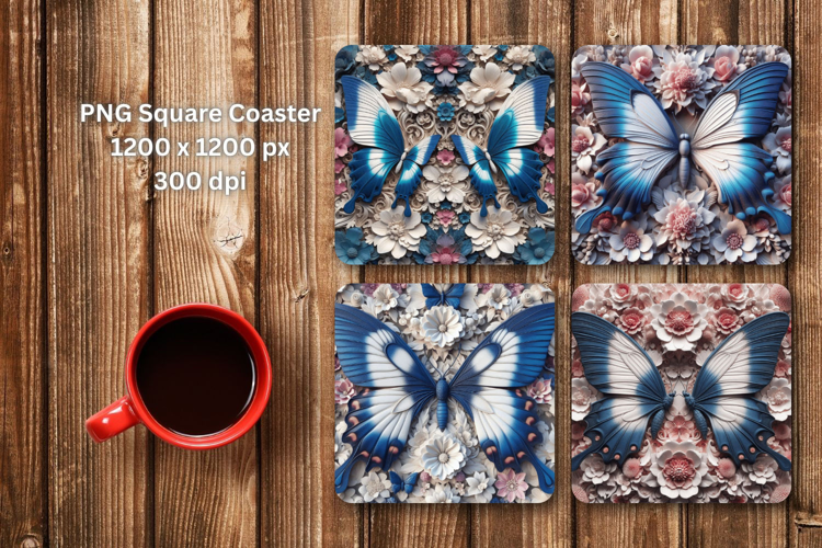 square coaster - 3d floral butterfly