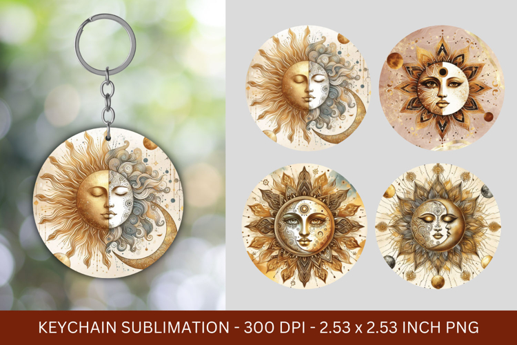keychain sublimation - boho moon and sun