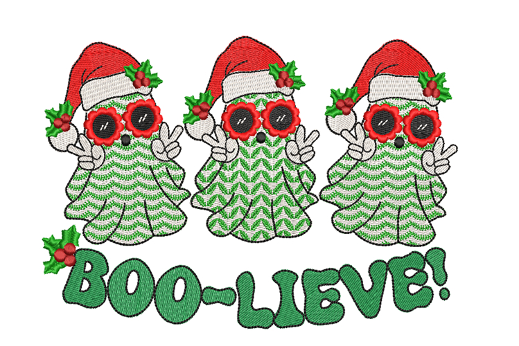 Christmas Ghosts in Santa hats. Machine Embroidery Design.
