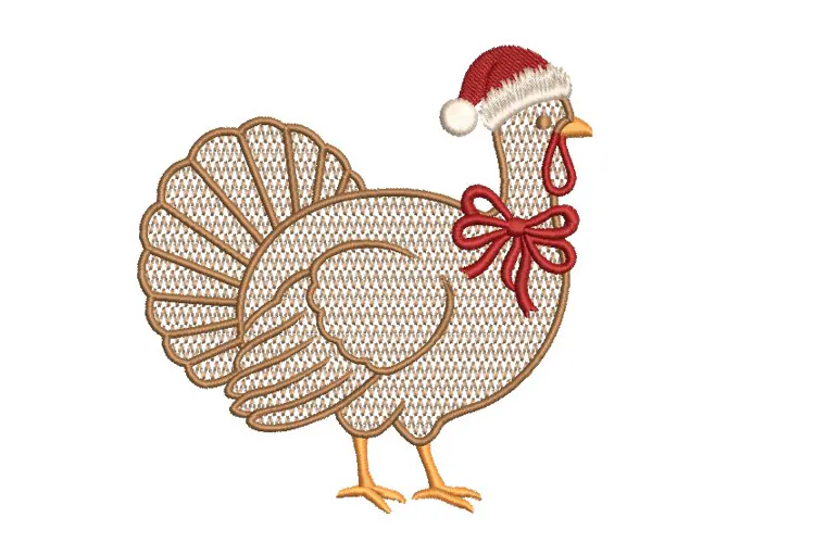 Christmas Turkey Red Bow Embroidery Design