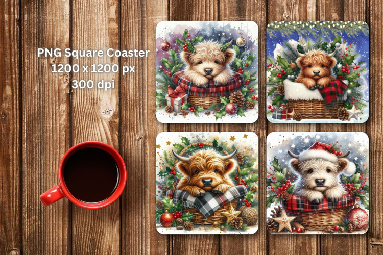 square coaster - christmas baby highland cow