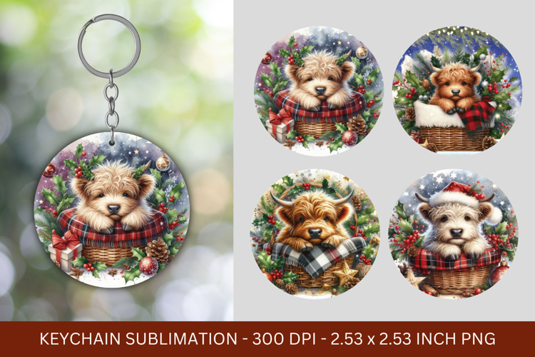 keychain sublimation - christmas highland cow
