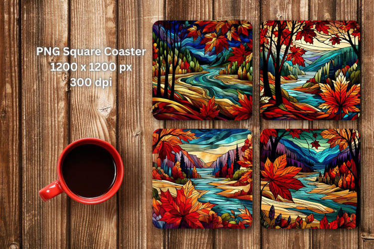 square coaster - fall leaves river