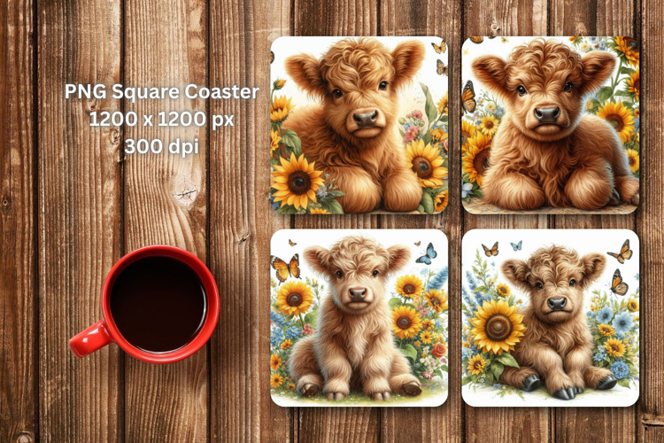square coaster - floral highland cow