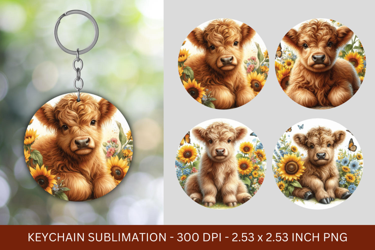 keychain sublimation - floral highland cow