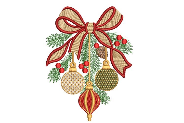Christmas Ornament Trio Red Bow Embroidery Design example image 1