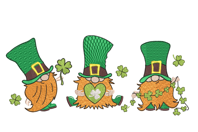 Three Irish gnomes. St. Patricks Day Gnome Embroidery Design