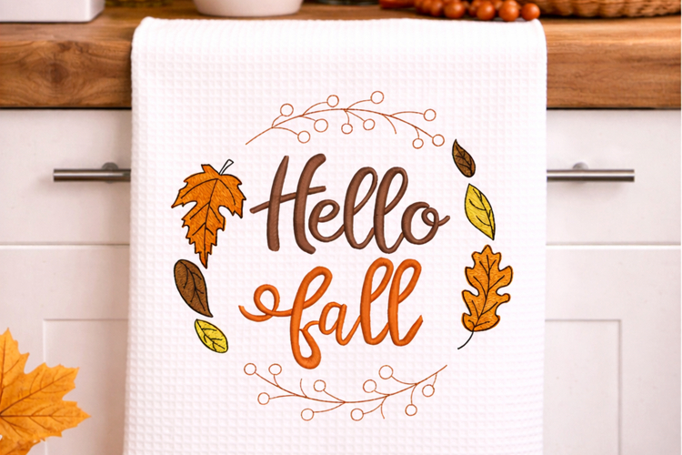 Hello Fall Embroidery Design Autumn Leaves Wreath