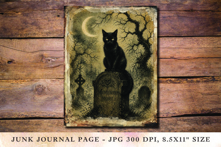 Junk Journal Pages - halloween black cat grave example image 1