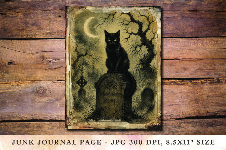 Junk Journal Pages - halloween black cat grave