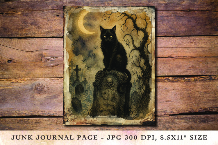 Junk Journal Pages - halloween black cat grave