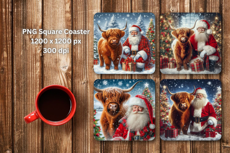 square coaster - highland cow and santa claus