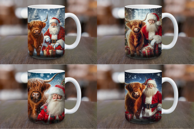 Mug Wrap Sublimation - highland cow and santa claus