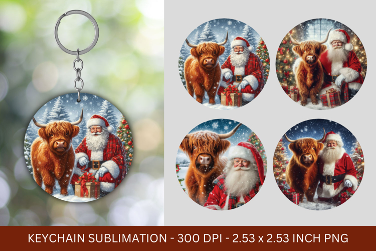 keychain sublimation - highland cow santa claus