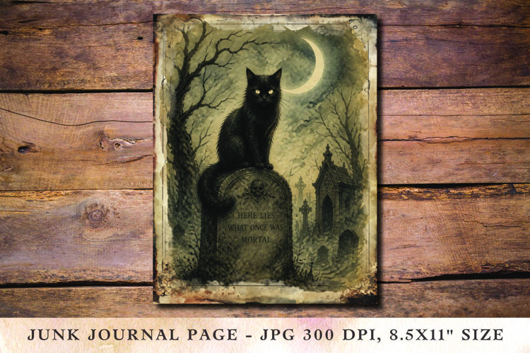 Junk Journal Pages - halloween black cat grave