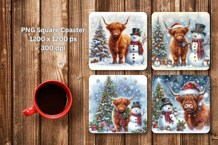 square coaster - highland cow and snowman example image 1
