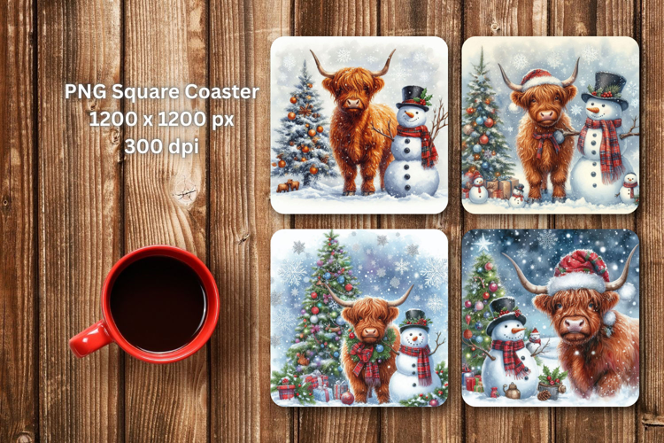 square coaster - highland cow and snowman