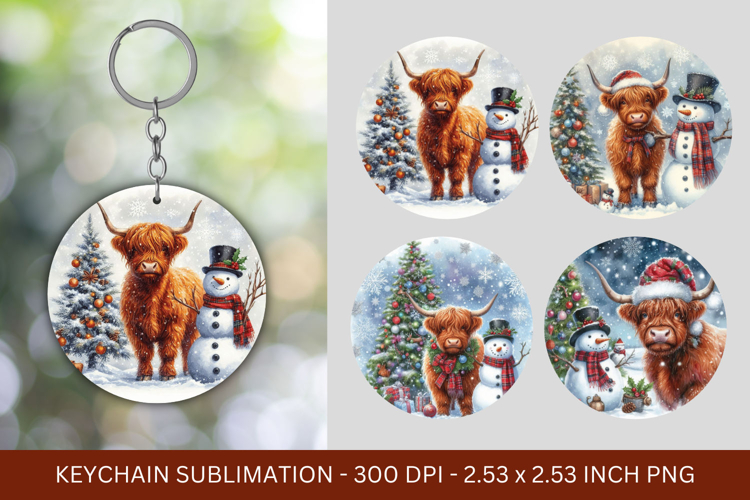 keychain sublimation - highland cow snowman