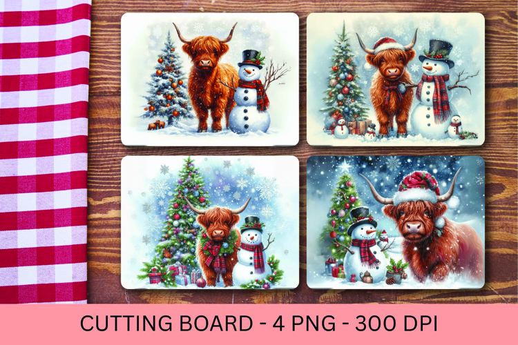 kitchen cutting board - highland cow snowman christmas