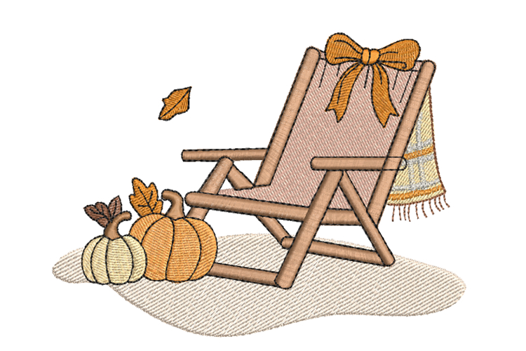 Fall Chair Embroidery Design Plaid Blanket Pumpkin Bow Leaf