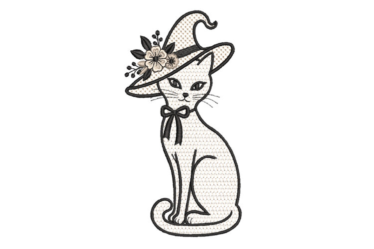 Halloween Cat Witch Hat Machine Embroidery Design example image 1