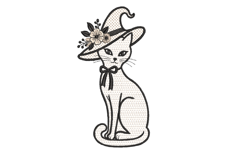 Halloween Cat Witch Hat Machine Embroidery Design